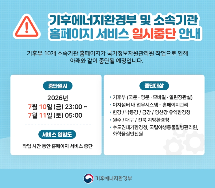 홈페이지 서비스 일시중단 안내
중단일시 2026.7.10(금) 23:00 ~ 7.11(토) 05:00 ※ 작업 상황에 따라 중단시간이 변동 될 수 있음
중단대상 기후부(국문 · 영문 · 모바일 · 열린장관실), 
이지샘터 내 업무시스템 -홈페이지관리,
한강 / 낙동강 / 금강 / 영산강유역환경청
원주 / 대구 / 전북지방환경청,
수도권대기환경청, 국립야생동물질병관리원, 화학물질안전원
